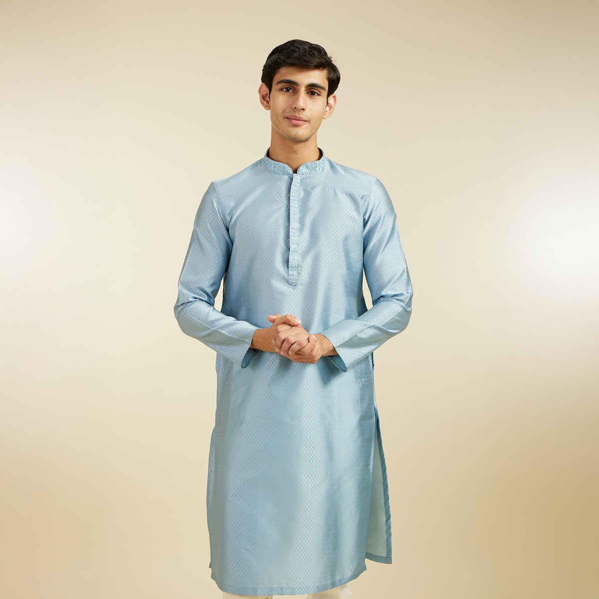 Diwas By Mayavar Men's Lattice Patterned Kurta with Embroidered Neckline | Greyish Blue - 2XL