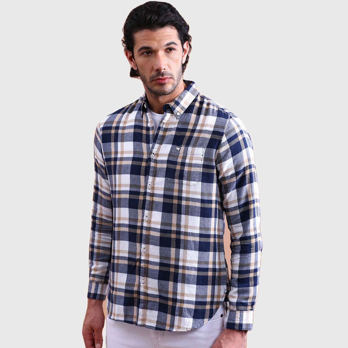 The Bear House Men Slim Fit Checked Cotton Casual Shirt - Eagle | Blue and Grey | XL