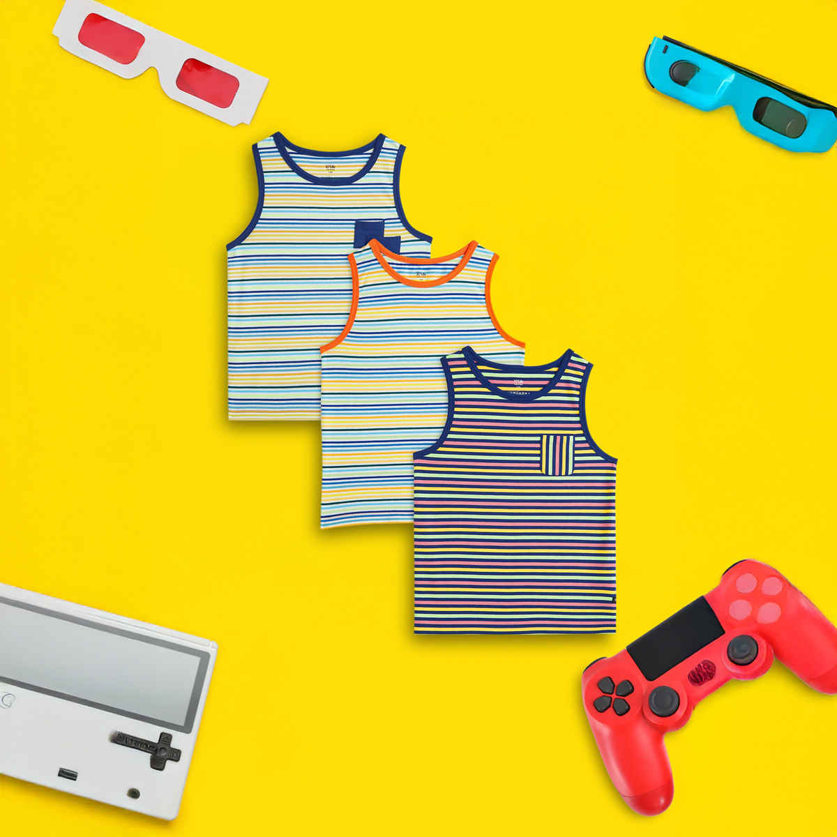 XY Life Kids Outer Vest for Boys, Antimicrobial Finish - Multi Stripes | 5-6Y | Pack Of 3
