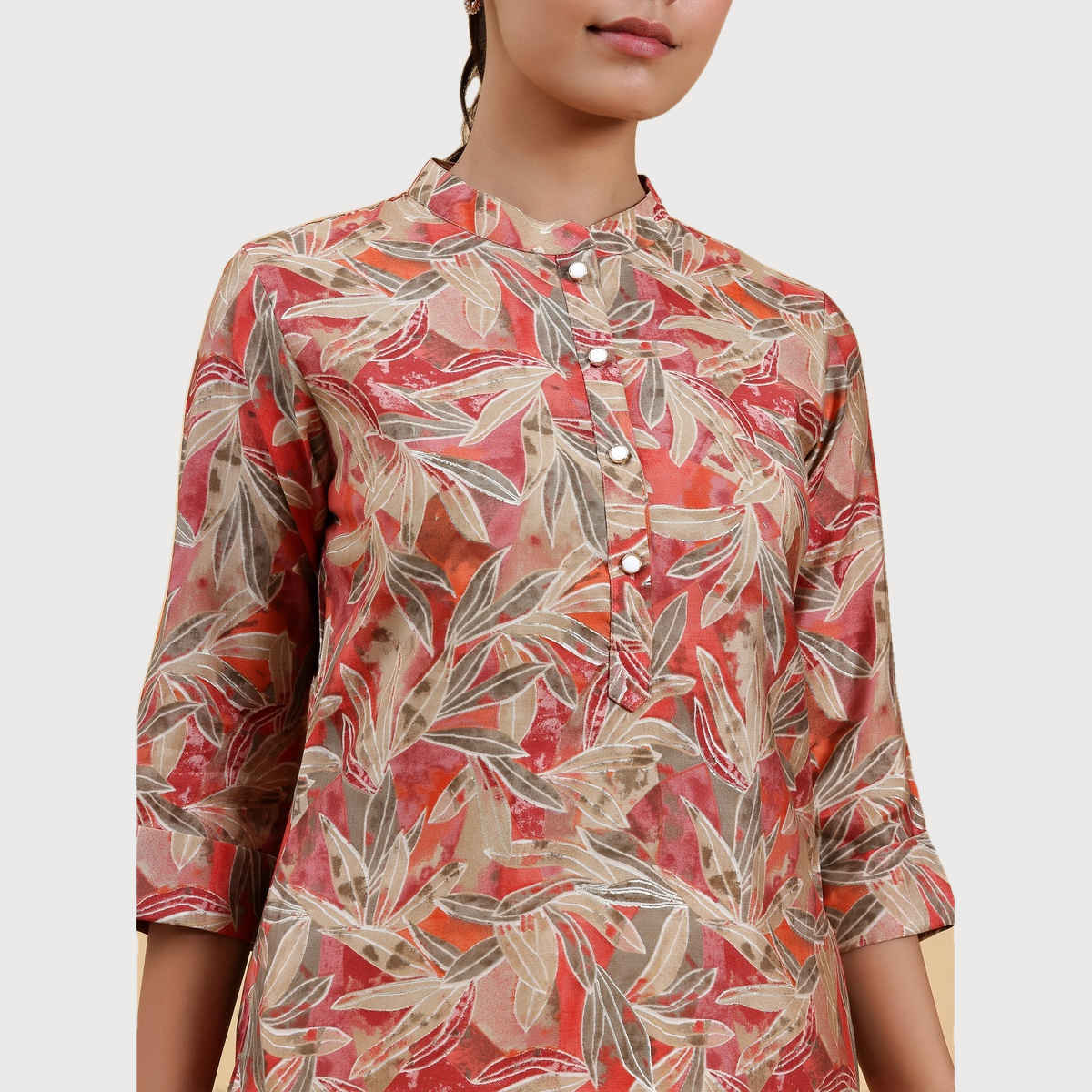 Libas Floral Printed Straight Women's Kurti With Short Button Placket | Beige | M