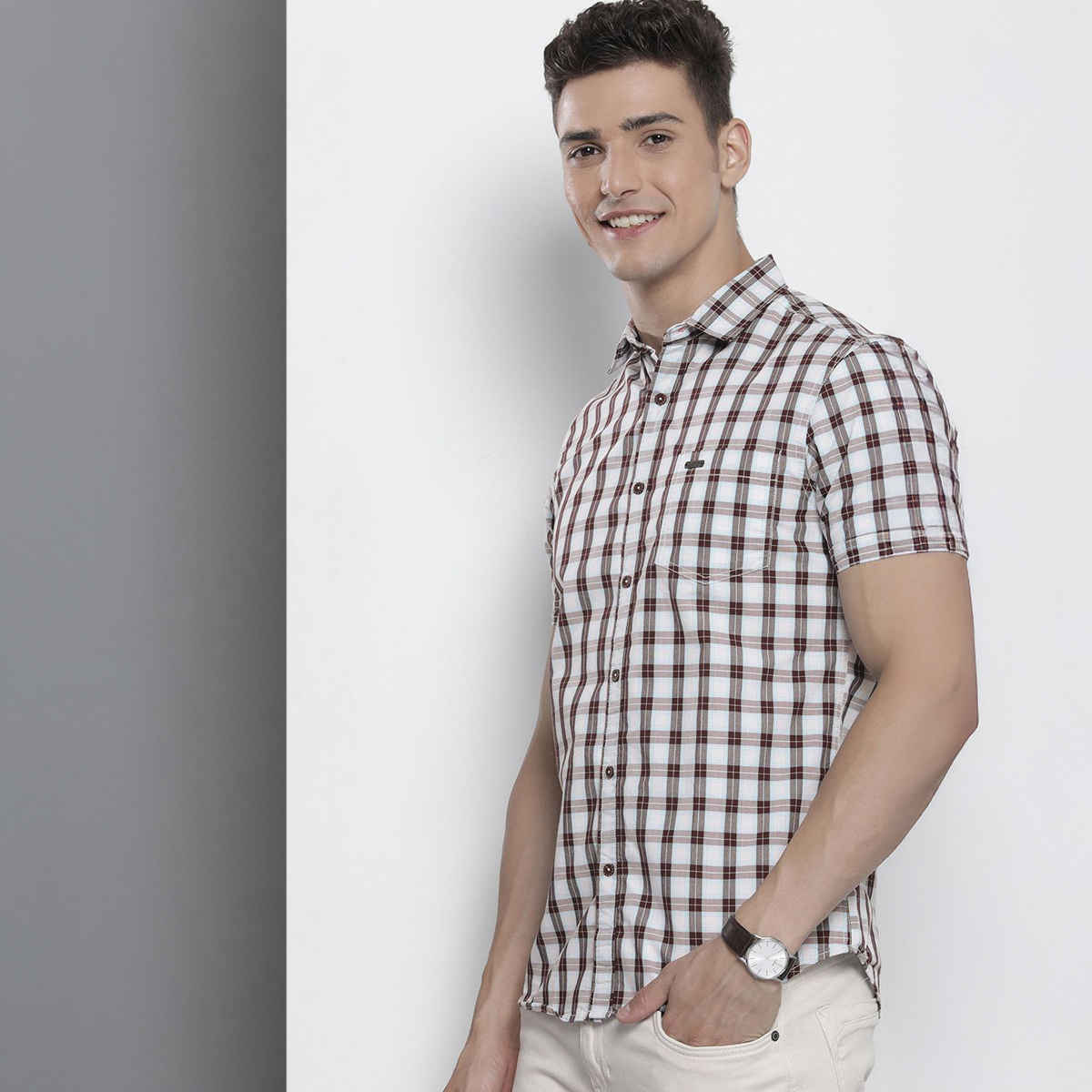 The Indian Garage Co Men's Slim Fit Checkered Casual Half Sleeve Shirt | Brown - M