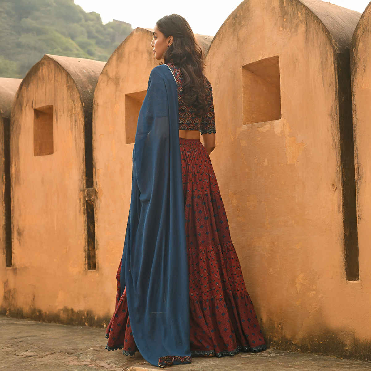 Janasya Women's Cotton Block Print Lehenga Choli with Dupatta | J0484 | Maroon - 2XL