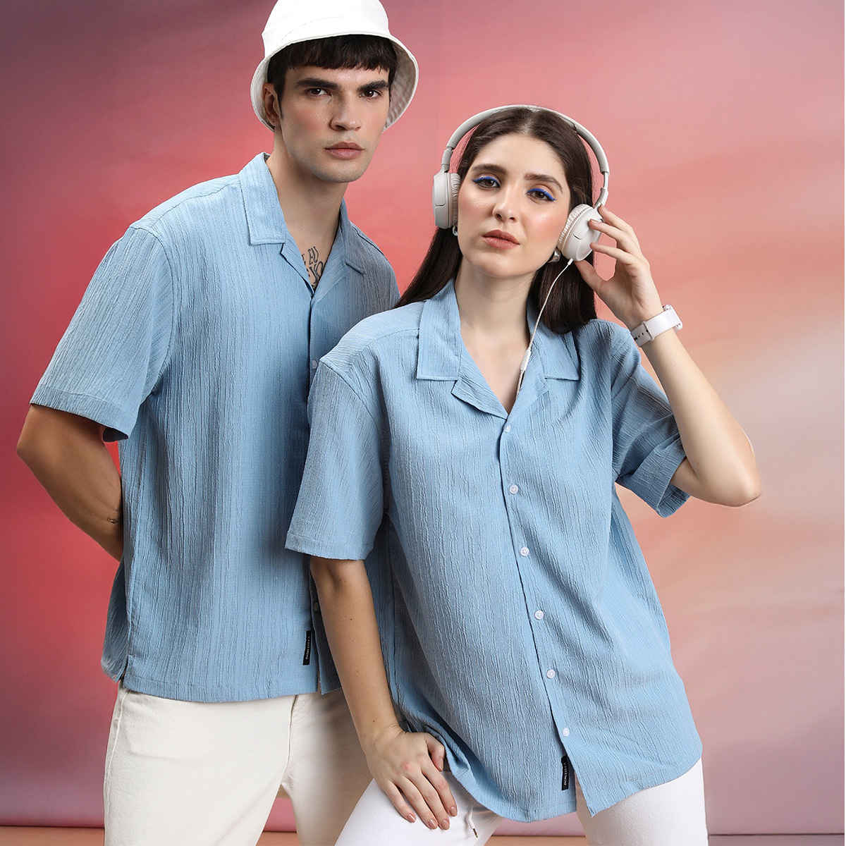 Highlander Men's Self Design Oversized Casual Shirt - Light Blue | L