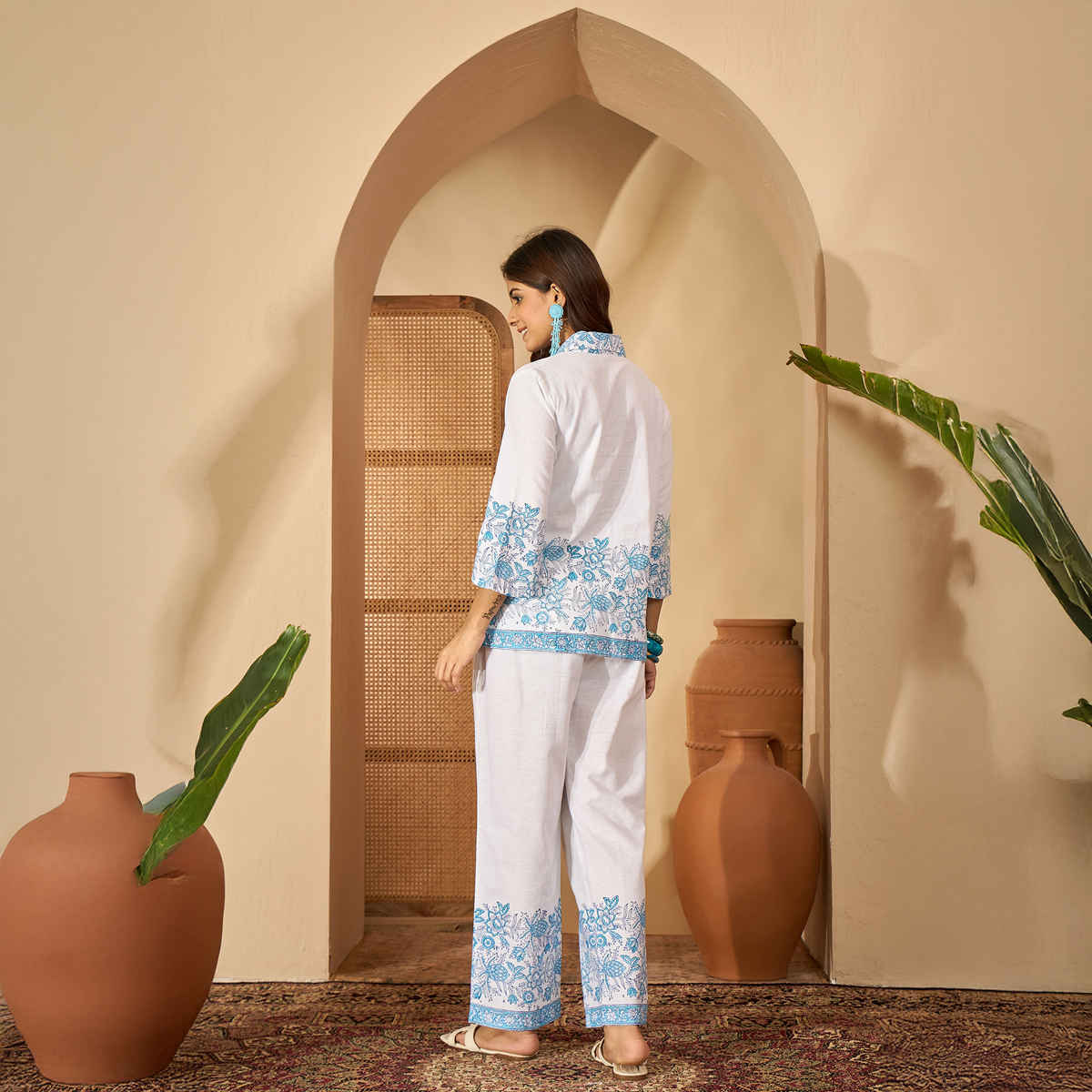 Bandia Women's Handblock Printed Shirt Style Coord Set | White & Indigo - L
