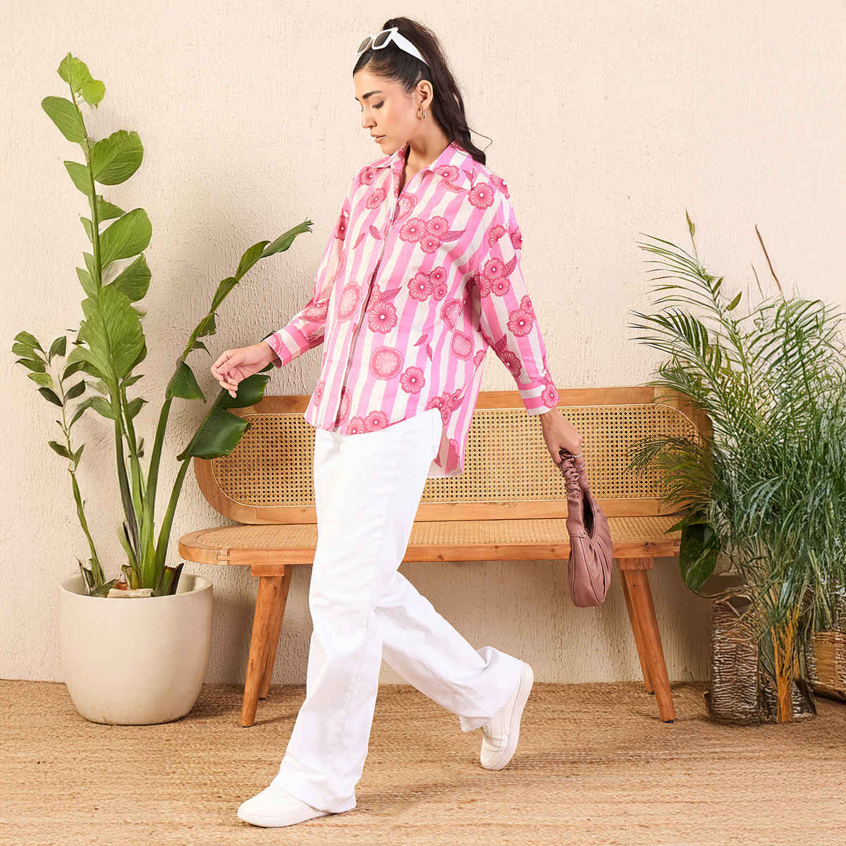 Uptownie Women's Printed Asymmetrical Cotton Shirt | Pink - XL