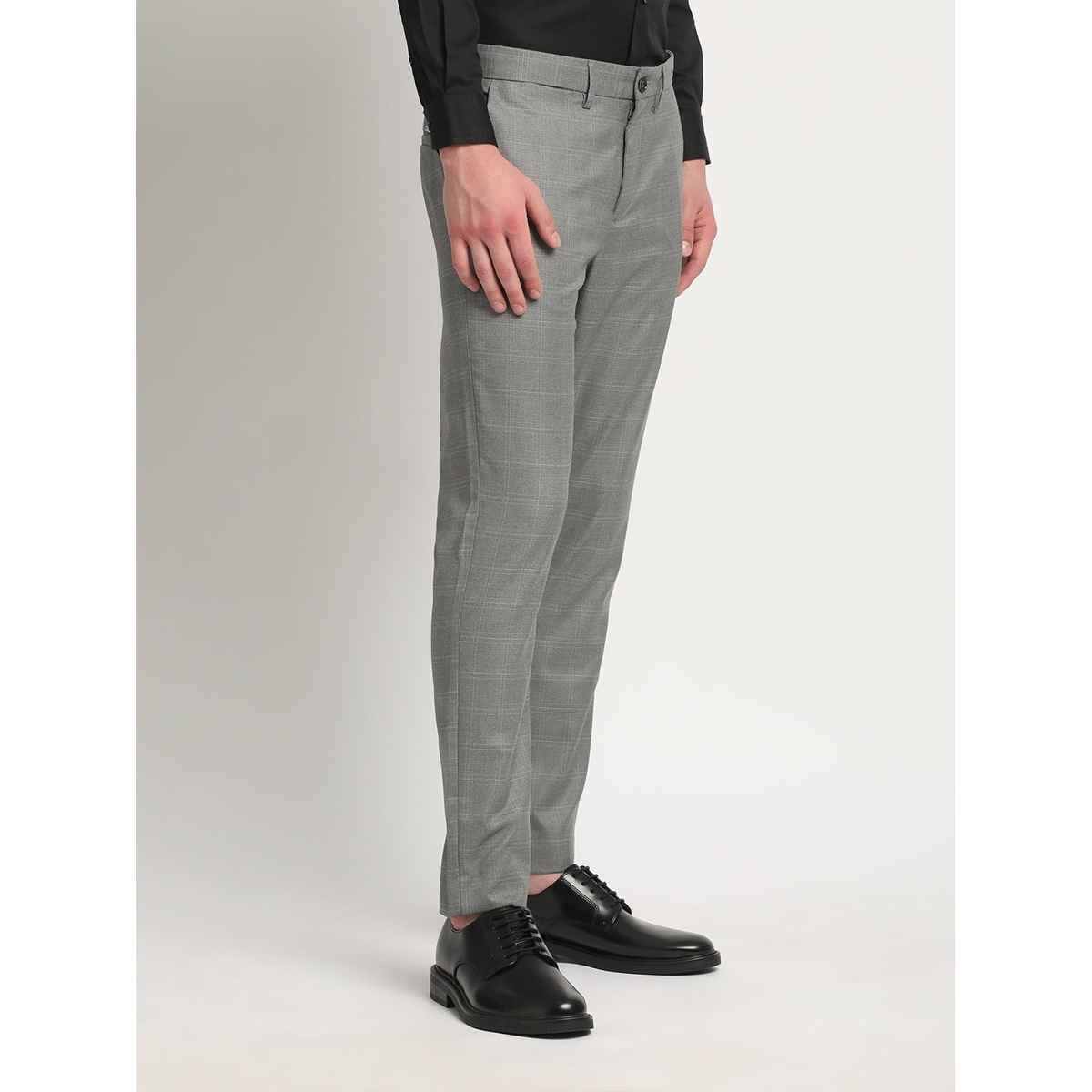 The Bear House Men Slim Fit Checked Polyester Blend Formal Trouser - Caneel | Grey | 32