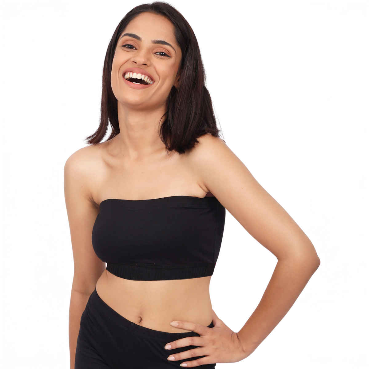 D'chica Double-Layer Cotton Strapless Bra | Non Padded Bandeau | Solid Black - L