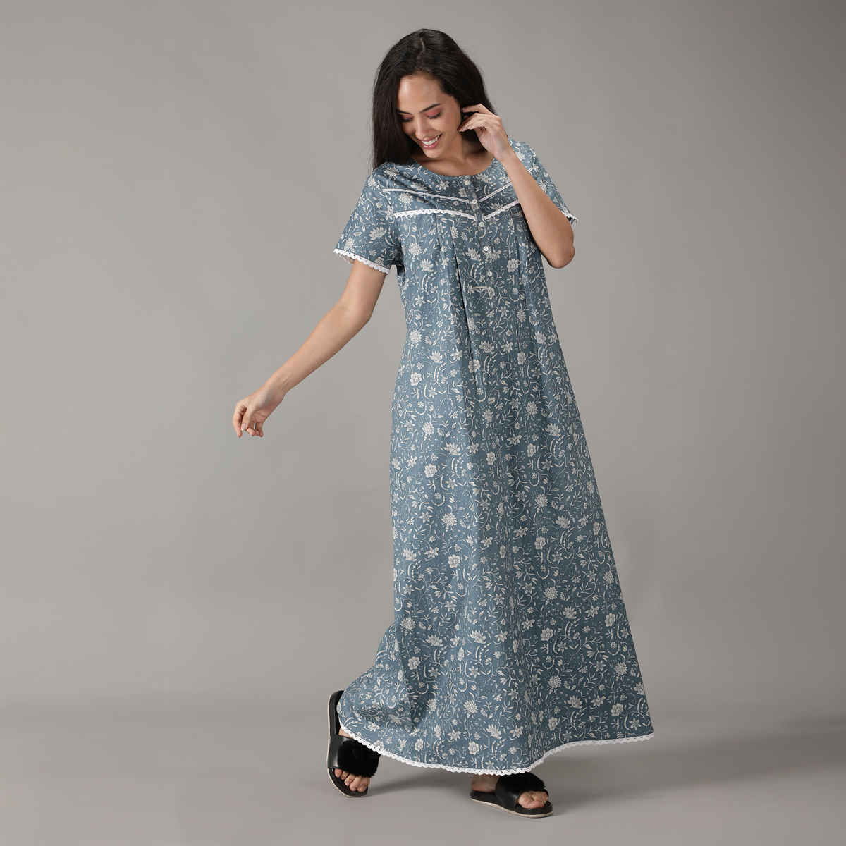 NIHSAMAH Women's Premium Frills & Laces Nighty | Full Length | Greyish - 2XL