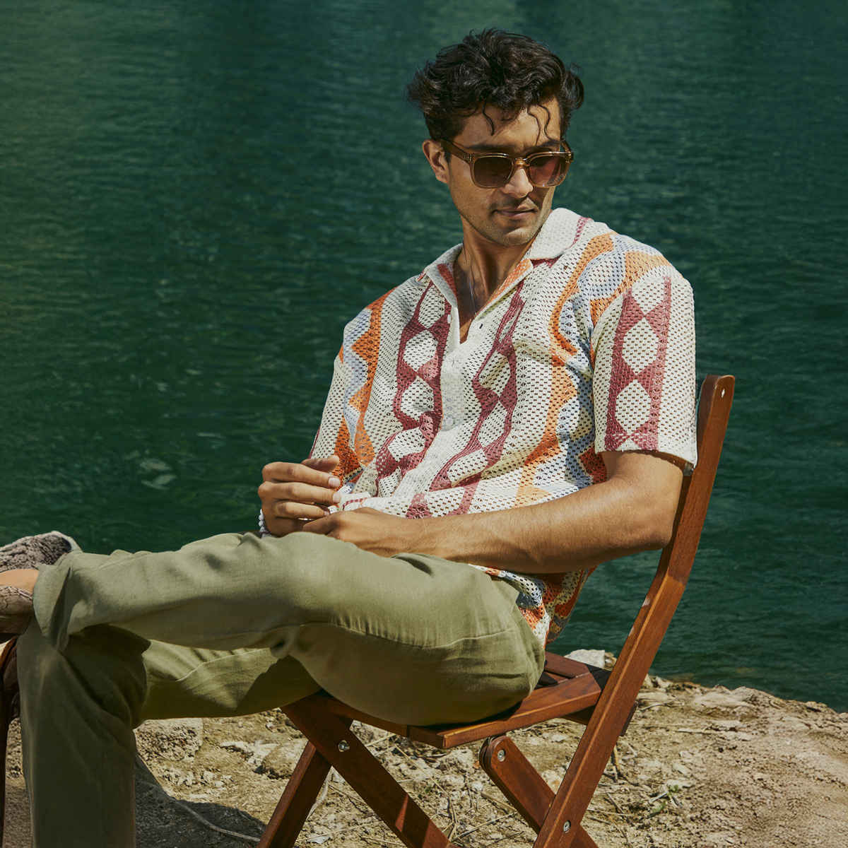 Campus Sutra Men's Geometric Block Oversized Shirt | Tangerine Orange & Crimson Red - S