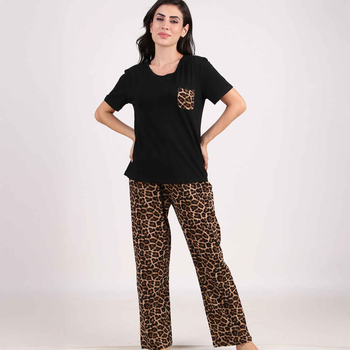 Masha Women's Cheetah Blk Brown Cotton Pajamas | Set | M