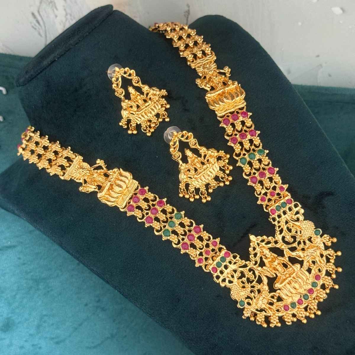 The Opal Factory Premium Temple Jewelry Long Haram Necklace Set | Laxmi | Gold Multi - Necklace