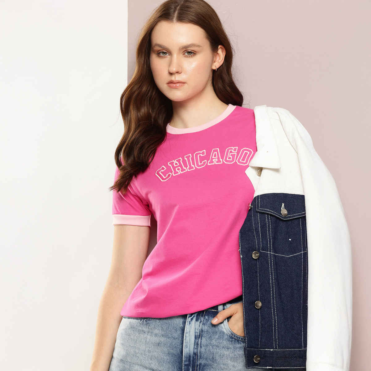 Dillinger Women's Regular Fit Raglan Sleeve Embroidery T-shirt | Fuchsia - XL