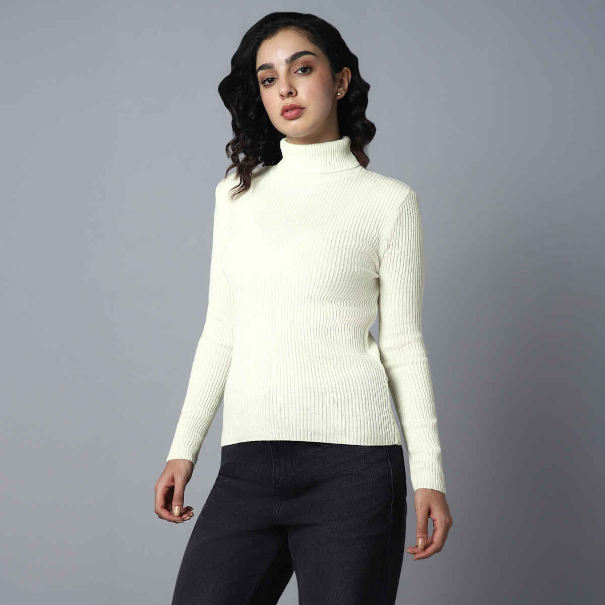 High Star Women's Ribbed Turtle Neck Long Sleeves Acrylic Pullover | White - S