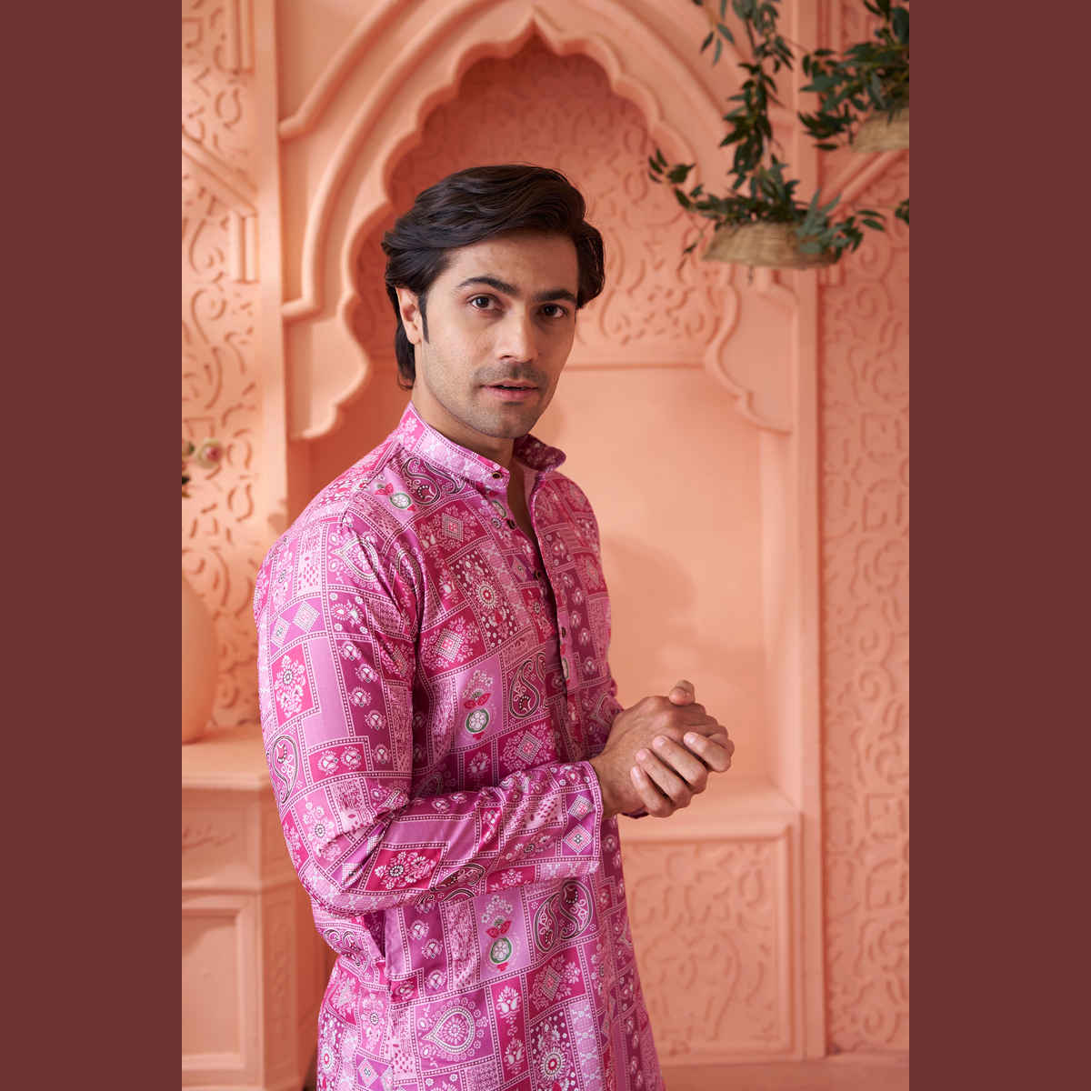 House Of Festivals Men's Printed Cotton Blend Long Kurta | Purple - XL