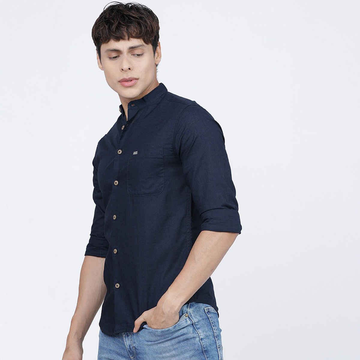 The Indian Garage Co Men's Slim Fit Solid Casual Shirt | Navy Blue - S