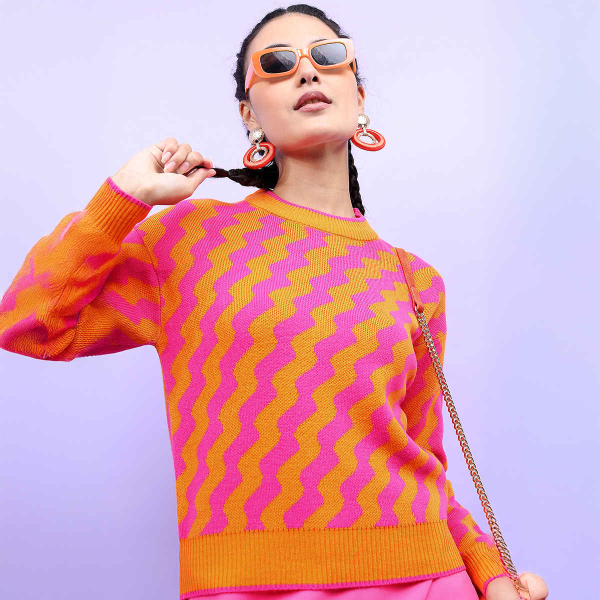 Tokyo Talkies Women's Jacquard Pullover Sweater | Orange & Pink - S