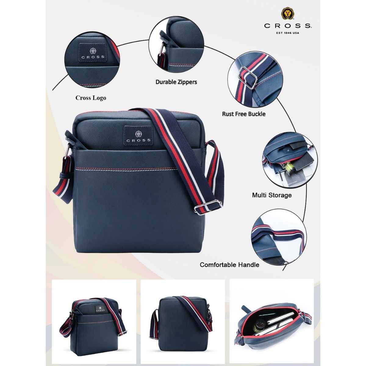 Cross Unisex Solid Vegan Leather 5 L Crossbody Bag | Navy Blue