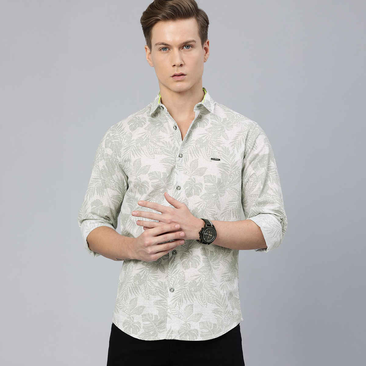 The Indian Garage Co Men's Slim Fit Tropical Casual Shirt | Grey - L