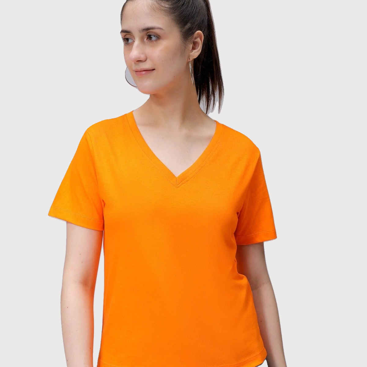 Freehand Women's Regular Solid Casual V-Neck T-shirt | 0424-Zfhvntee2-03 | Neon Orange - XL