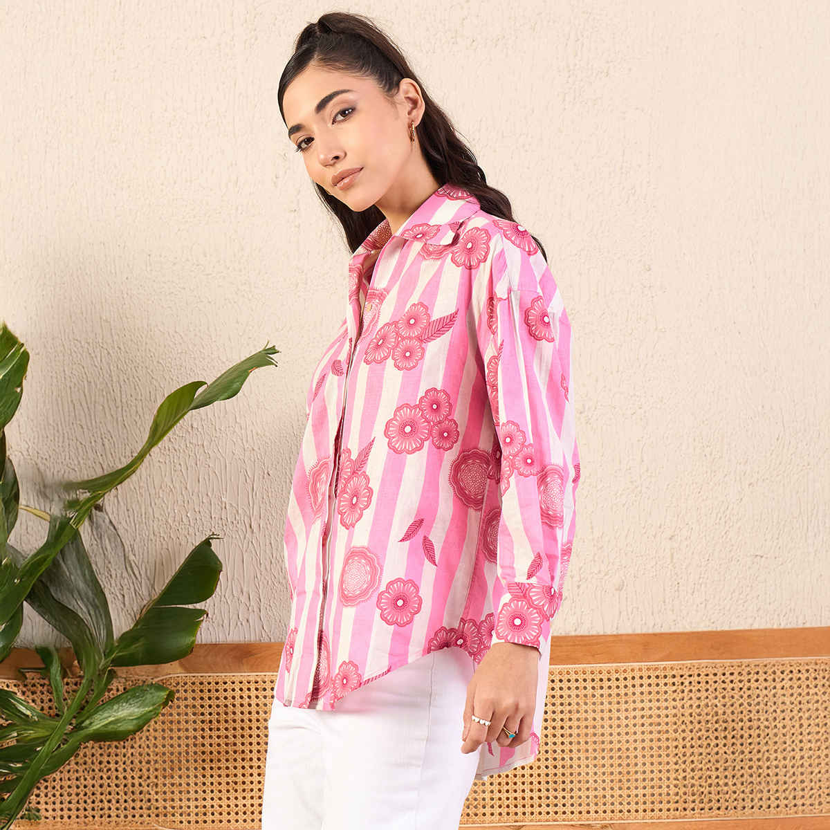 Uptownie Women's Printed Asymmetrical Cotton Shirt | Pink - XL