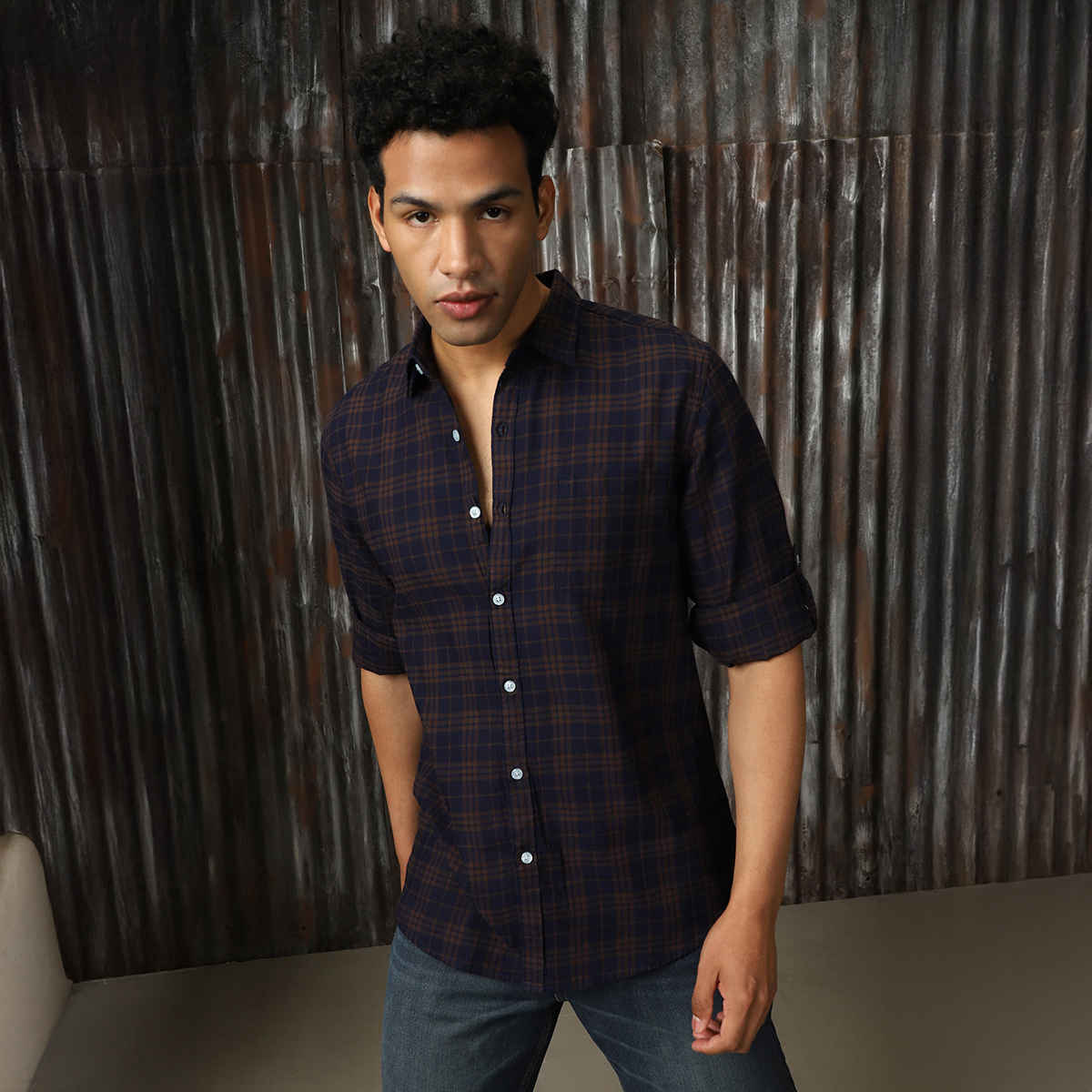 High Star Men's Spread Collar Tartan Checked Cotton Casual Shirt | Navy - 40