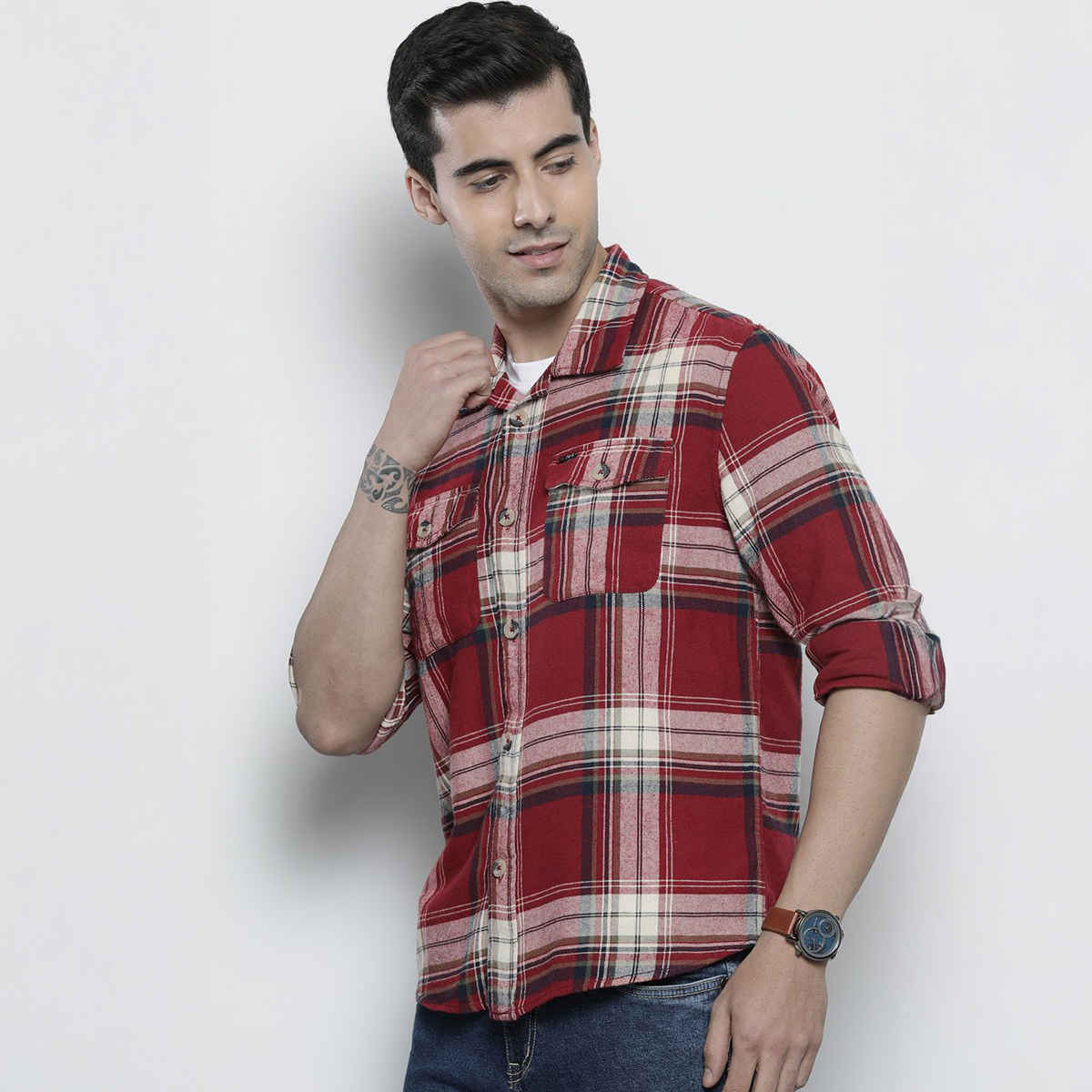 The Indian Garage Co | Men Regular Fit Checkered Casual Shirt | Maroon | M