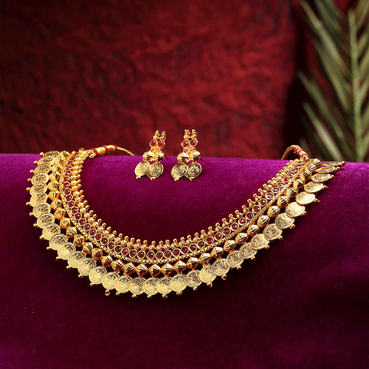 Zeneme Women's Gold-Plated South Indian Red Lakshmi Kasu Coin Temple Necklace