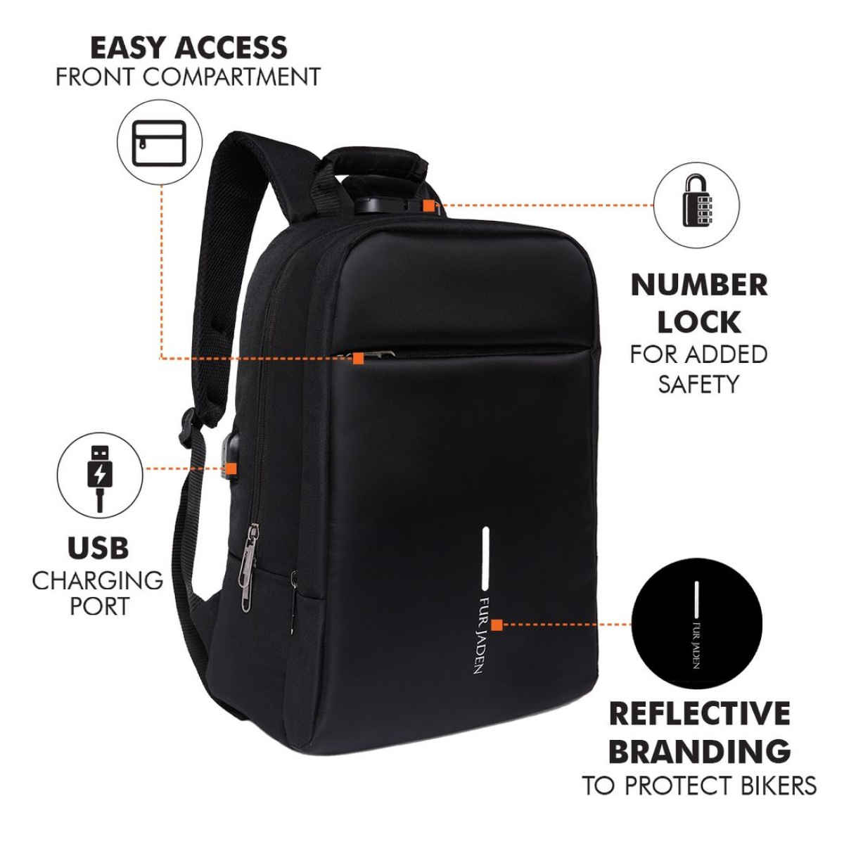 Fur Jaden 24 L Black Anti-Theft Backpack with USB Port & Number Lock. Padded Laptop Compartment