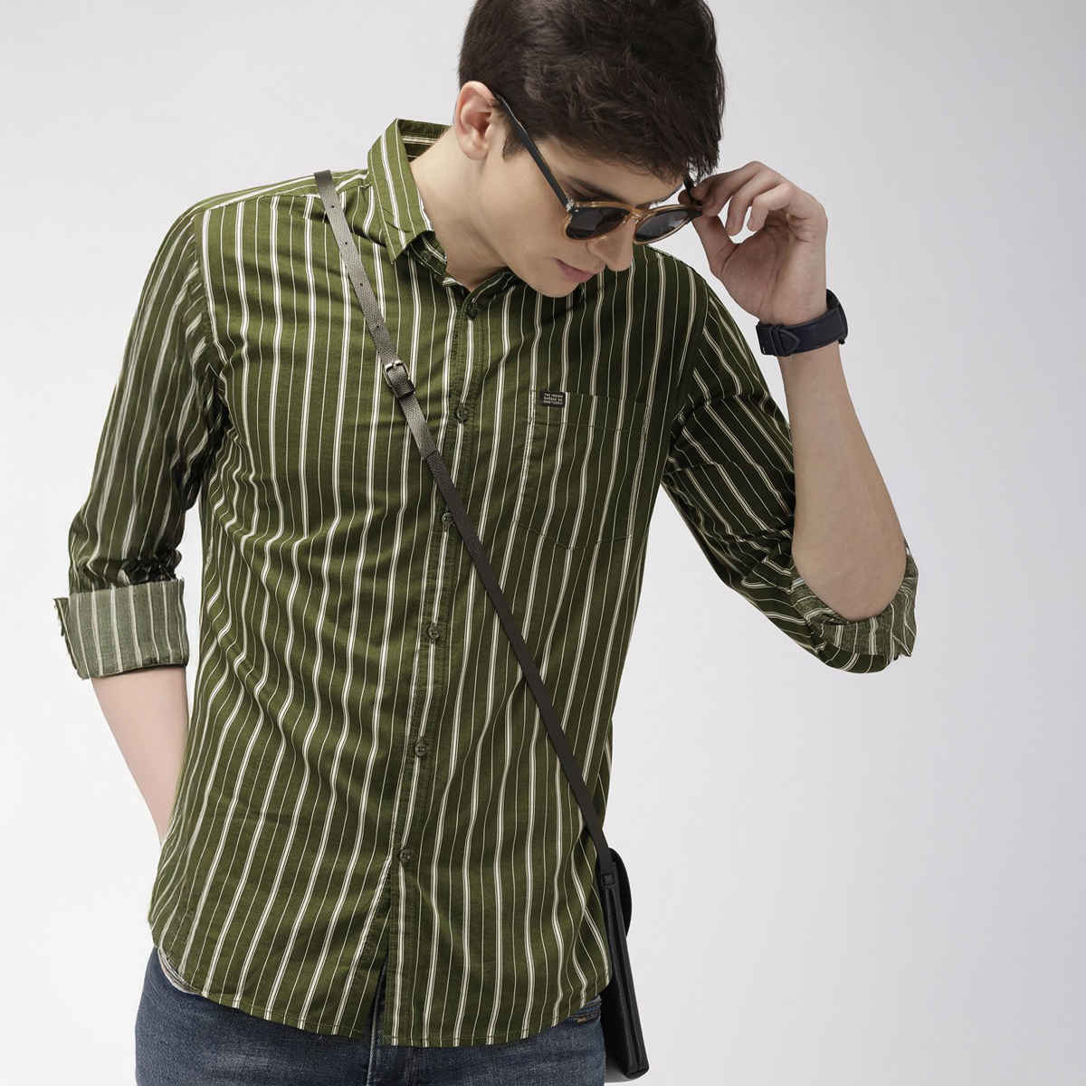 The Indian Garage Co Men's Slim Fit Multi Stripes Casual Shirt | Olive - XL