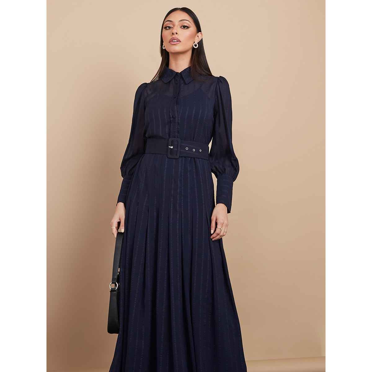 Styli Women Long Sleeves Collared Belted A-Line Maxi Dress | Navy Blue | XL