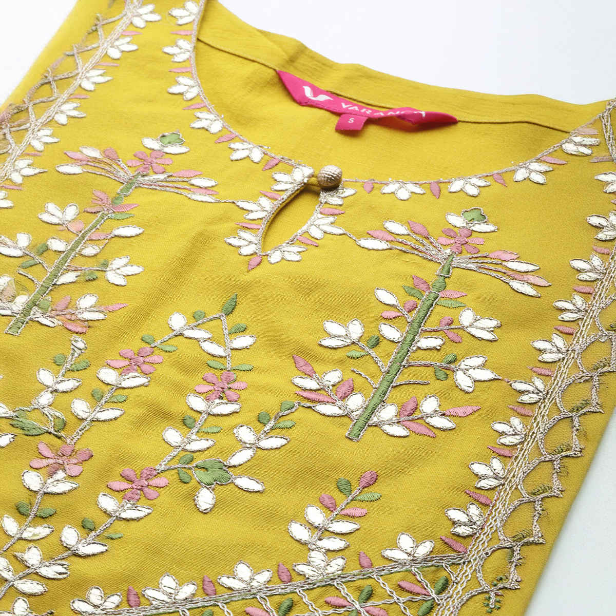 Varanga Women's Yellow Yoke Design Kurta with Trousers and Dupatta Set | Mustard - M