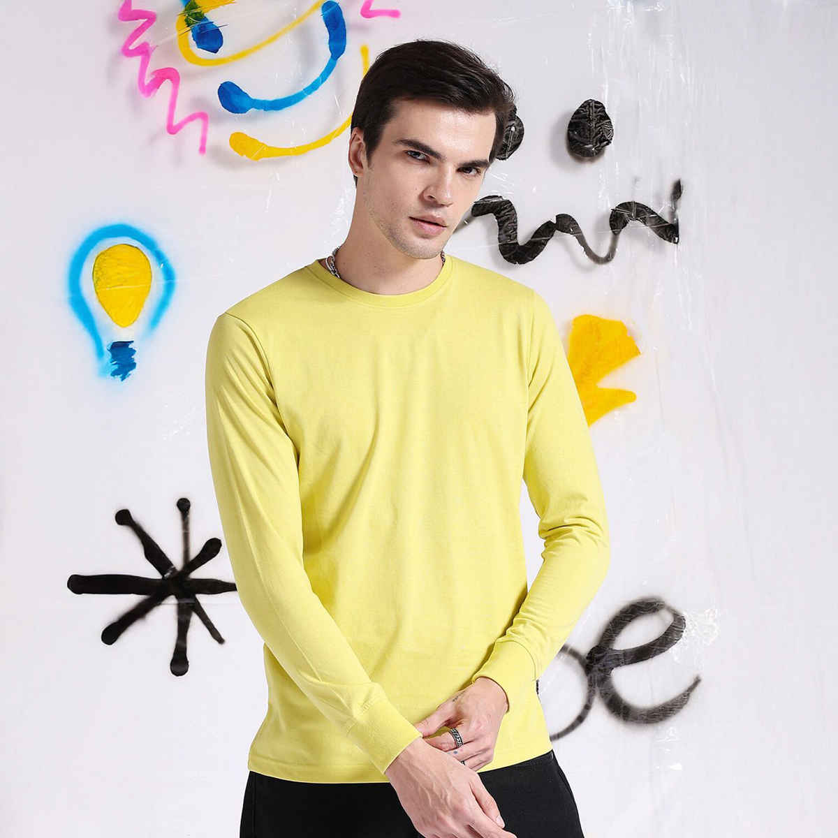 The Indian Garage Co Men Casual Regular Fit Super Lemon Solid Full Sleeve T-Shirt - L