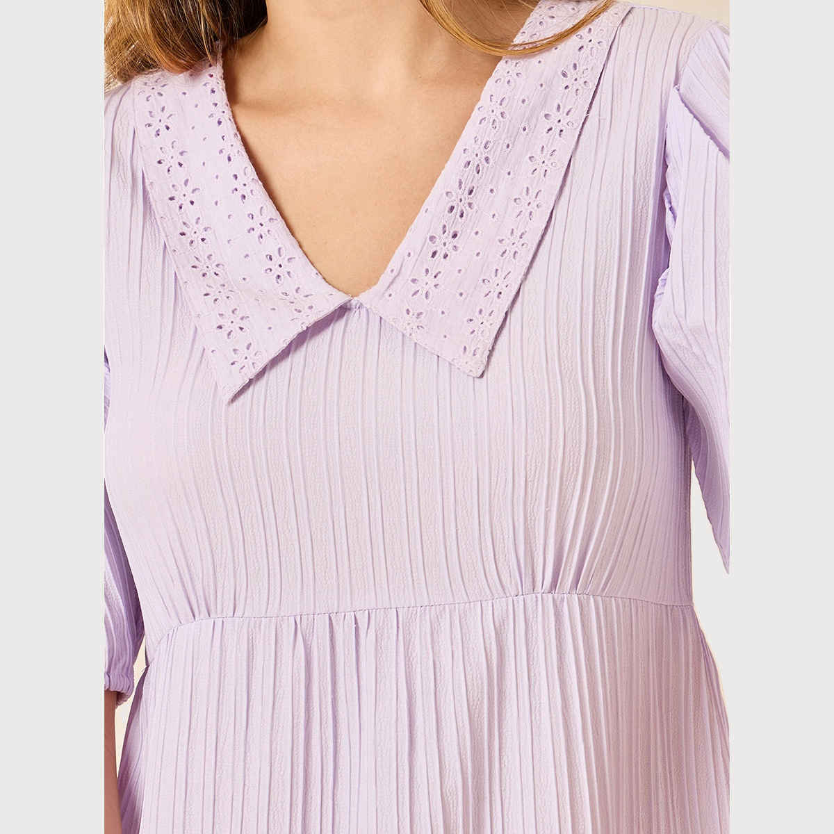 Styli Women's Midi Dress with Collared Neck and Puff Sleeves | Lilac - M