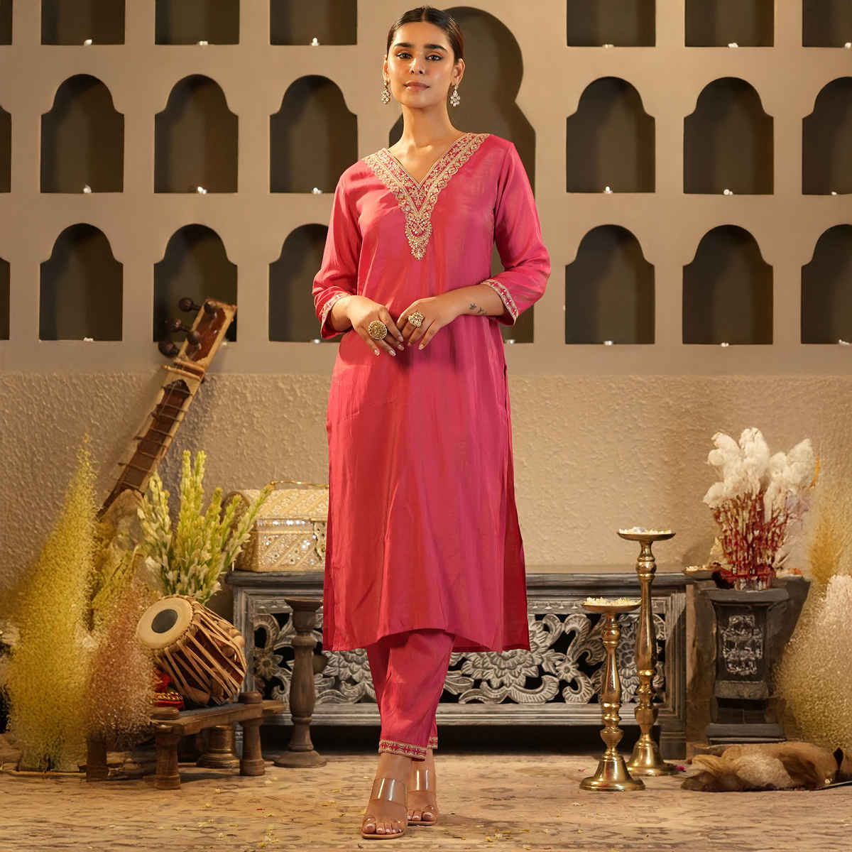 INDO ERA Women's Embroidered Straight Kurta Pant set | KS9RP11589 | Pink - L