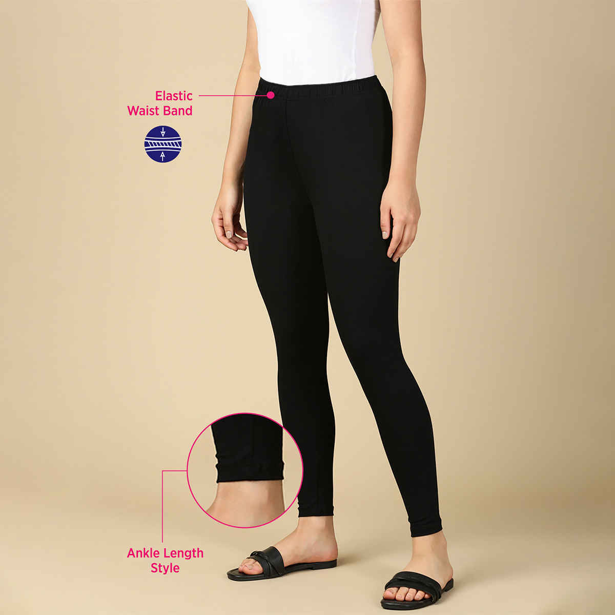 PYNK By Lux Cozi Flexi-Fit 360 Stretch Ankle Length Premium Cotton Leggings | Black|Free Size