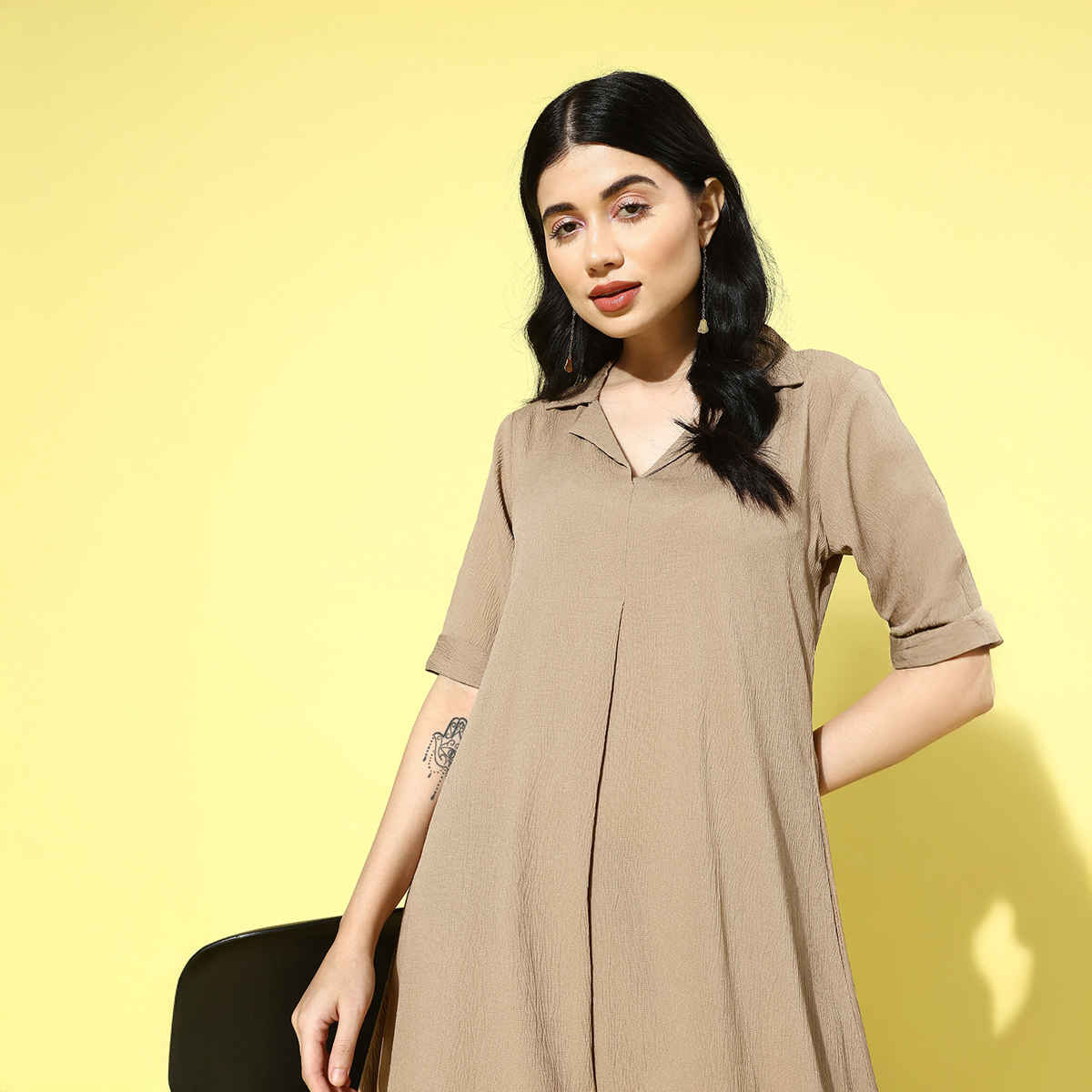 Varanga WoMen's Shirt Collar A-Line Dress | Beige - L