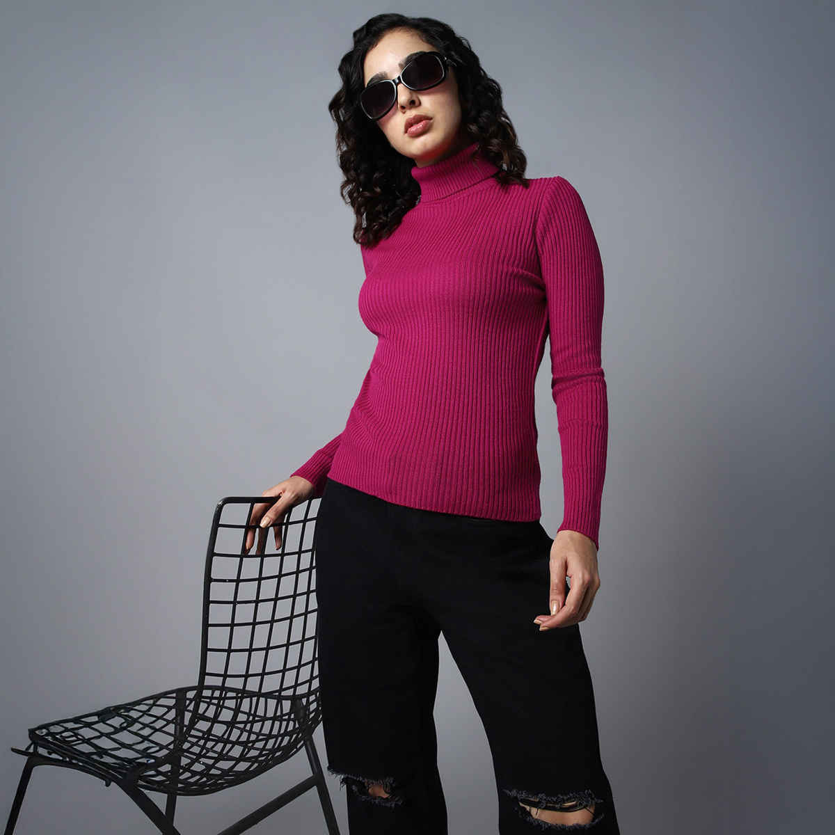 High Star Women's Ribbed Turtle Neck Pullover | Pink - L