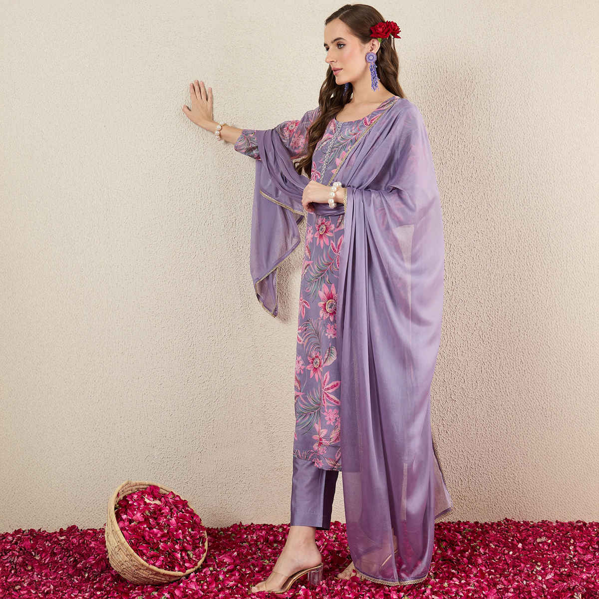 Indo Era Women's Printed Straight Kurta Pant with Dupatta set | KH9LV10858 | Lavender - XL