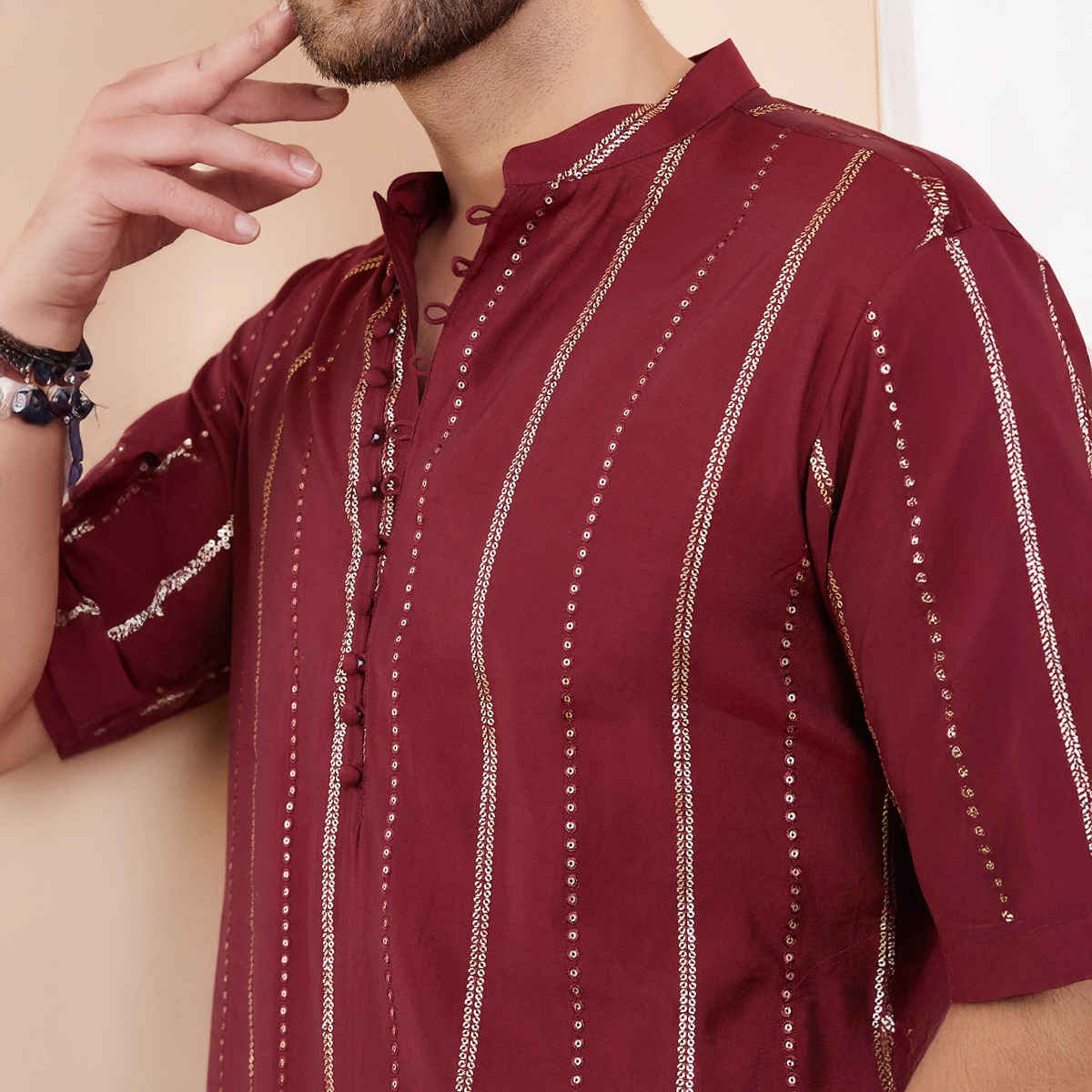 See Designs Men's Chanderi Silk Sequins Kurta | Burgundy and Gold - S