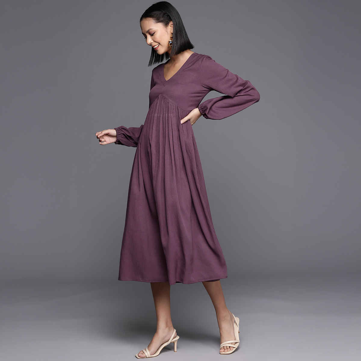 Varanga WoMen's V-Neck Bishop Sleeves Gathered Calf Length A-Line Dress with Flared Hem | Mauve - M