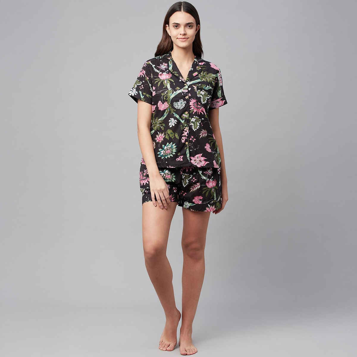 Divena Cotton Floral Print Women's Night Suit | DK0222 | Black - S