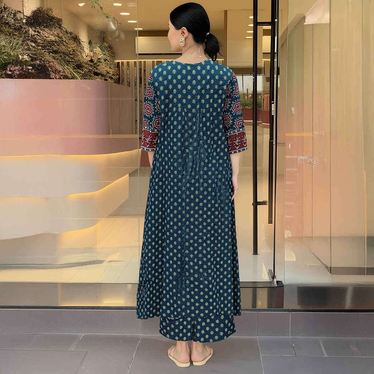 GoSriKi Women's Viscose Rayon Anarkali Printed Kurta with Pant & Dupatta | NAKULA | Blue - L