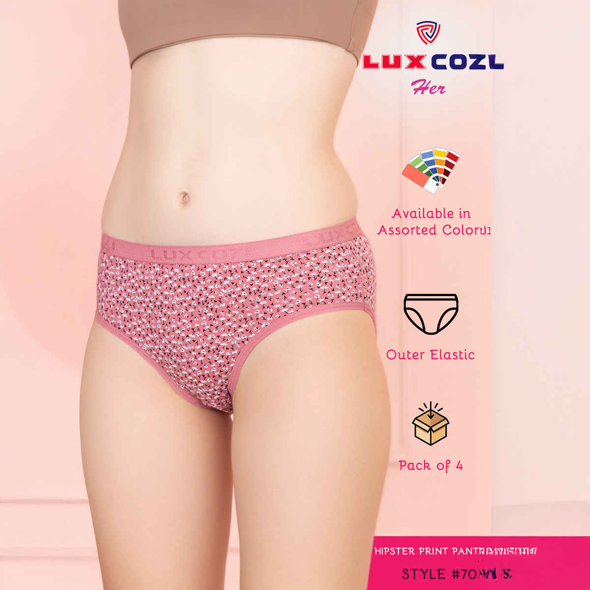 Lux Cozi Her Pure Cotton Hipster Printed Panty | Multicolor | Size-85 | Pack Of 4