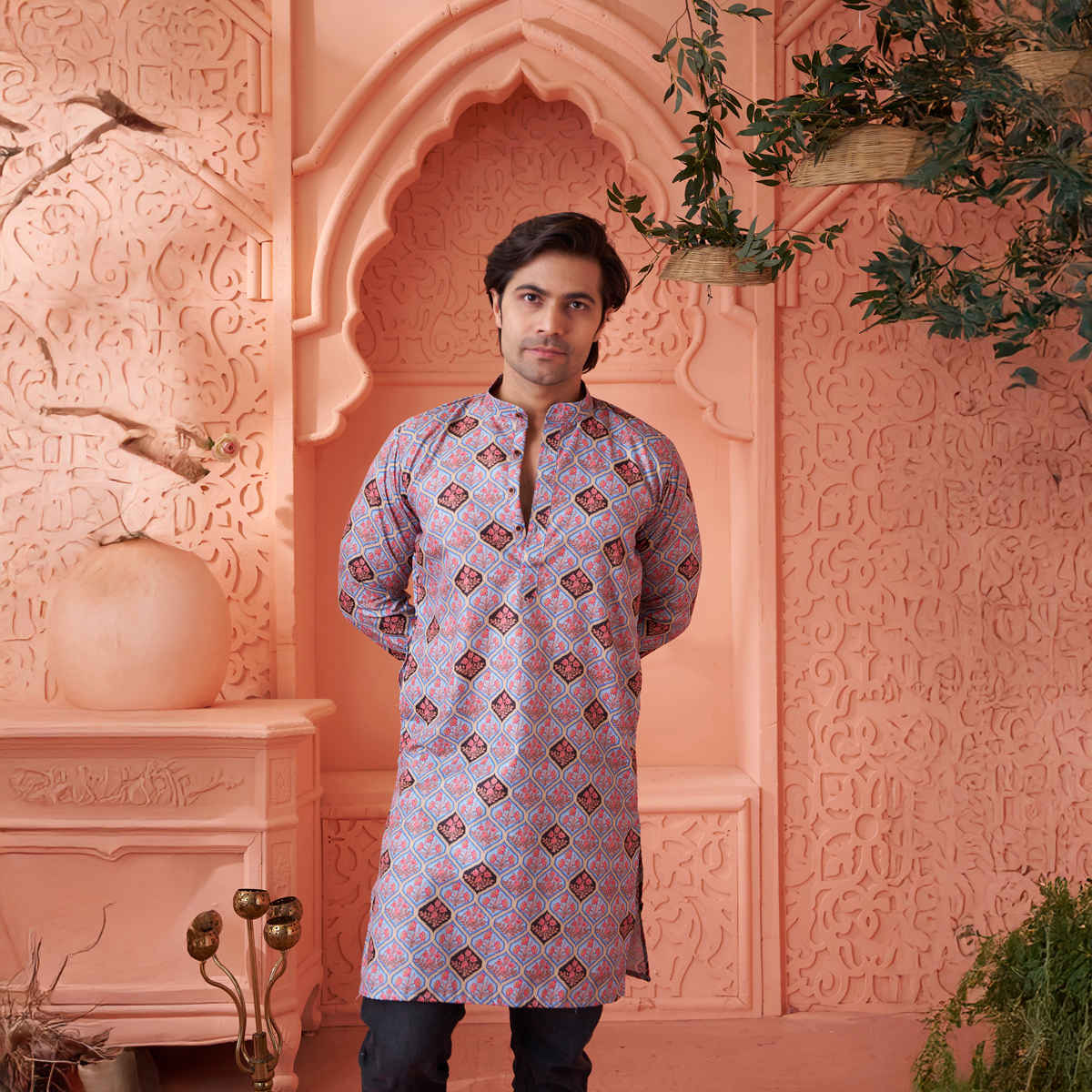 House Of Festivals Men's Printed Cotton Blend Long Kurta | Light Blue - M
