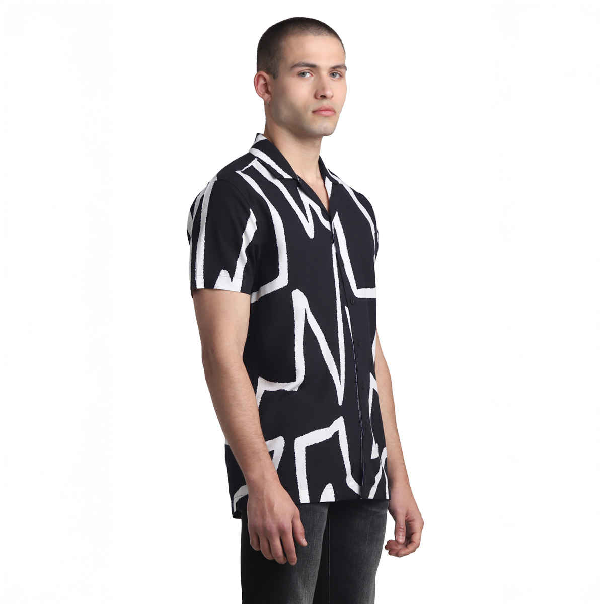 JACK & JONES Men's Abstract Print Short Sleeves Shirt | Black - L