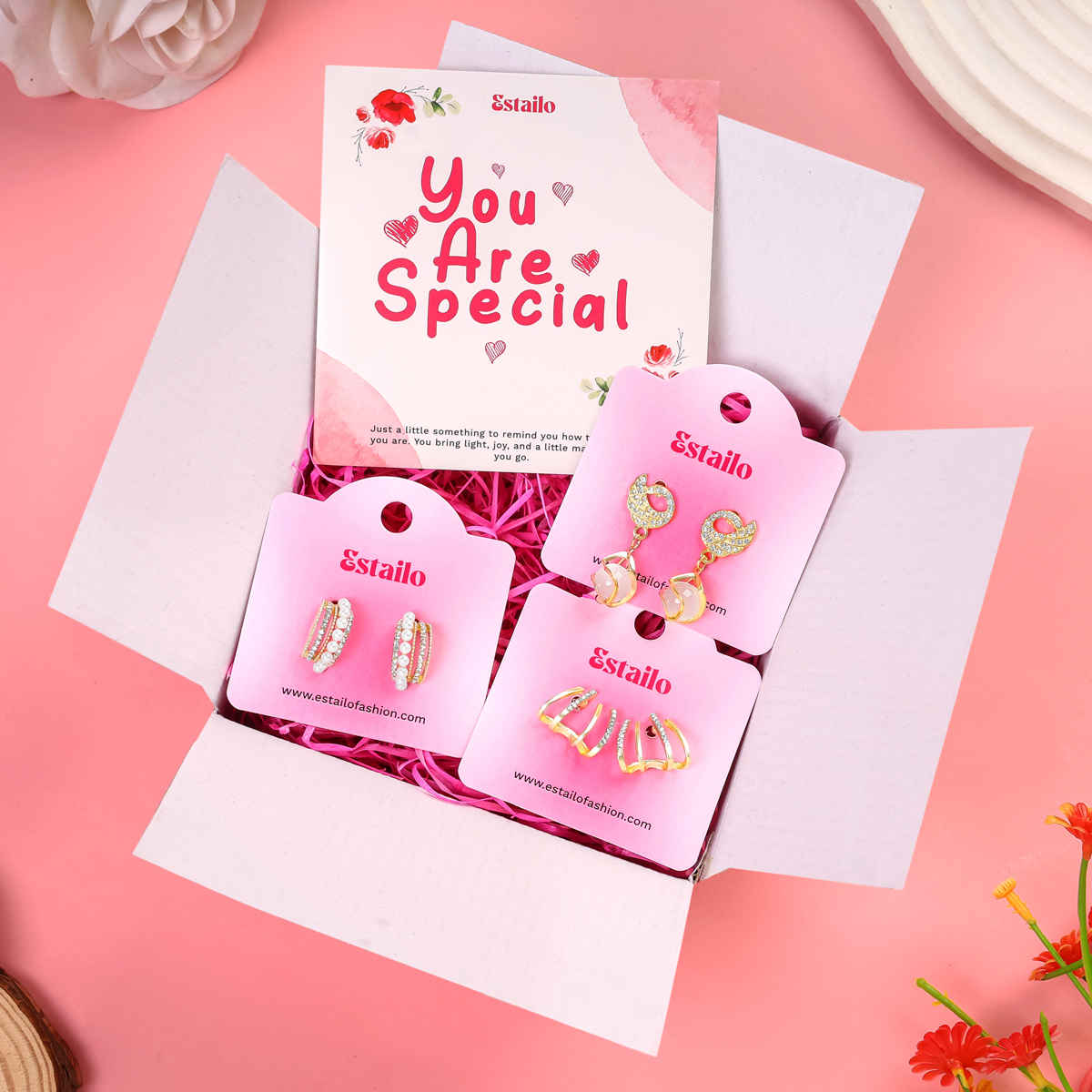 Estailo Fashion 3-Pair Earring Combo Swan Drop, Bling Stud & Pearl Hoops | Rakhi Gifts