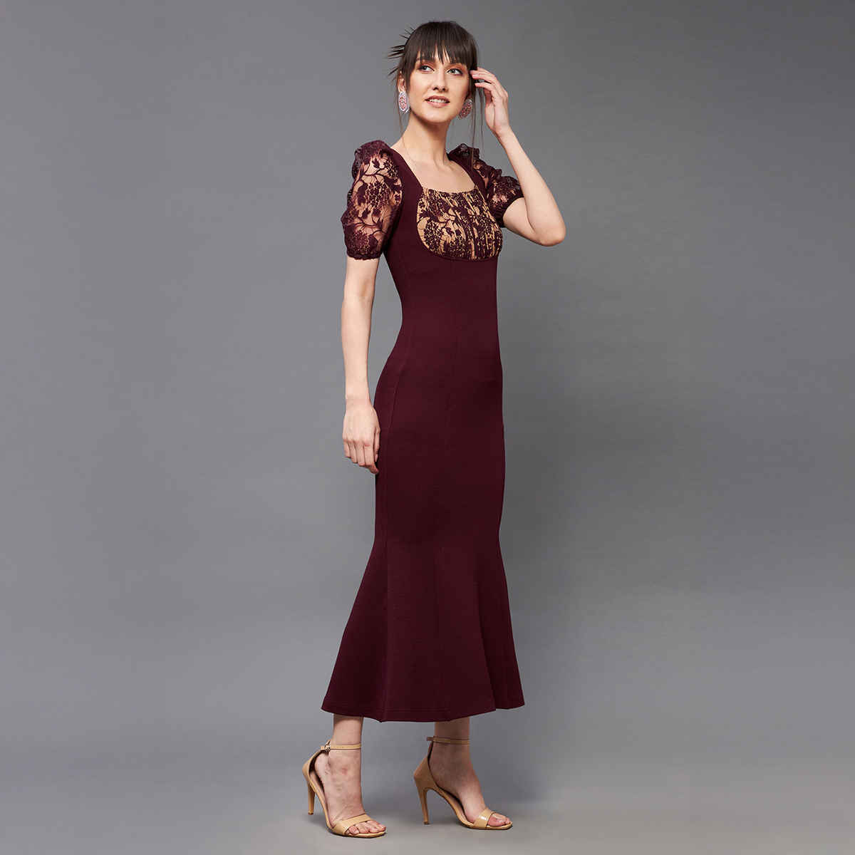 Miss Chase Women Square Neck Short Puff Sleeve Self Design Lace Overlaid Bodycon Midi Dress | Wine | S