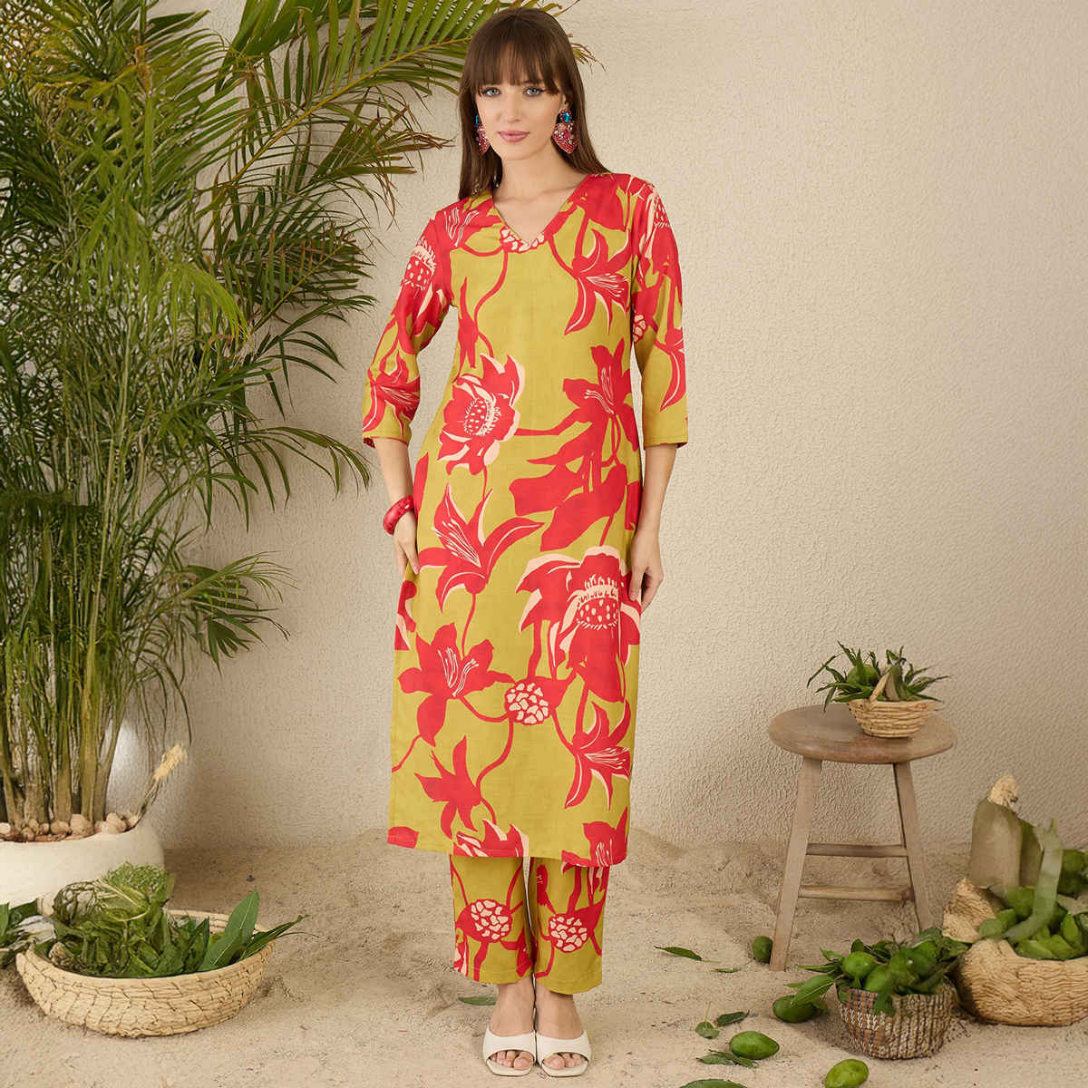 INDO ERA Women's Printed Straight Kurta Pant Set | KS9GN10420 | Green - XL