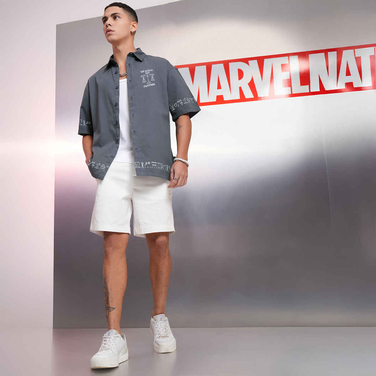 HIGHLANDER Men's Marvel Moonknight Printed Oversized Casual Shirt | Dusty Blue - XL
