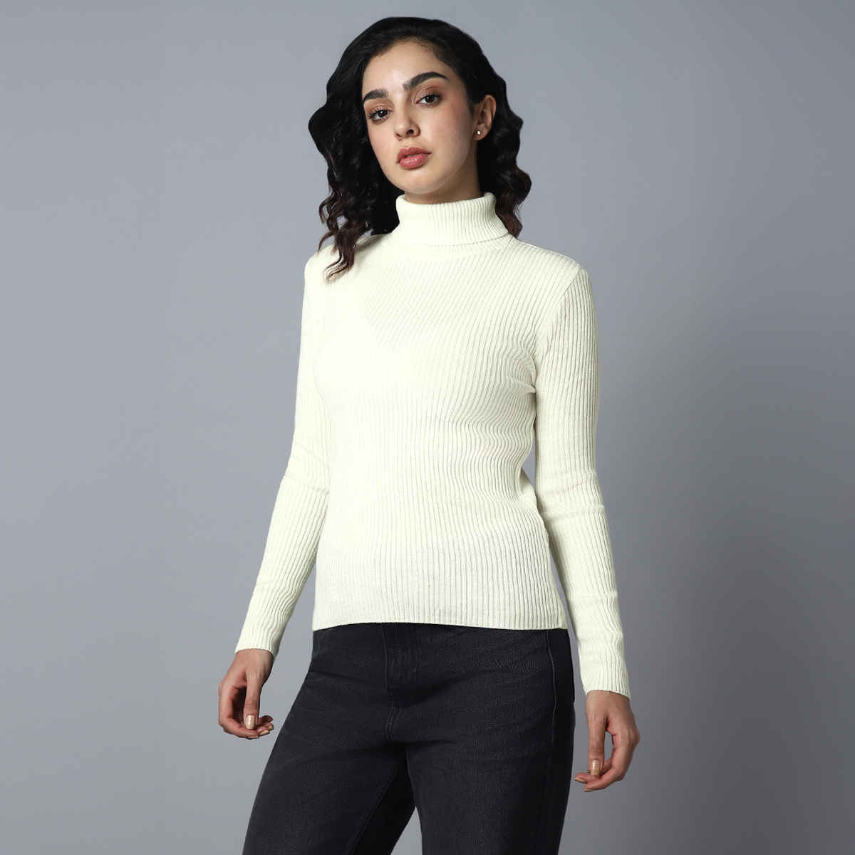 High Star Women's Ribbed Turtle Neck Long Sleeves Acrylic Pullover Sweater | White - L